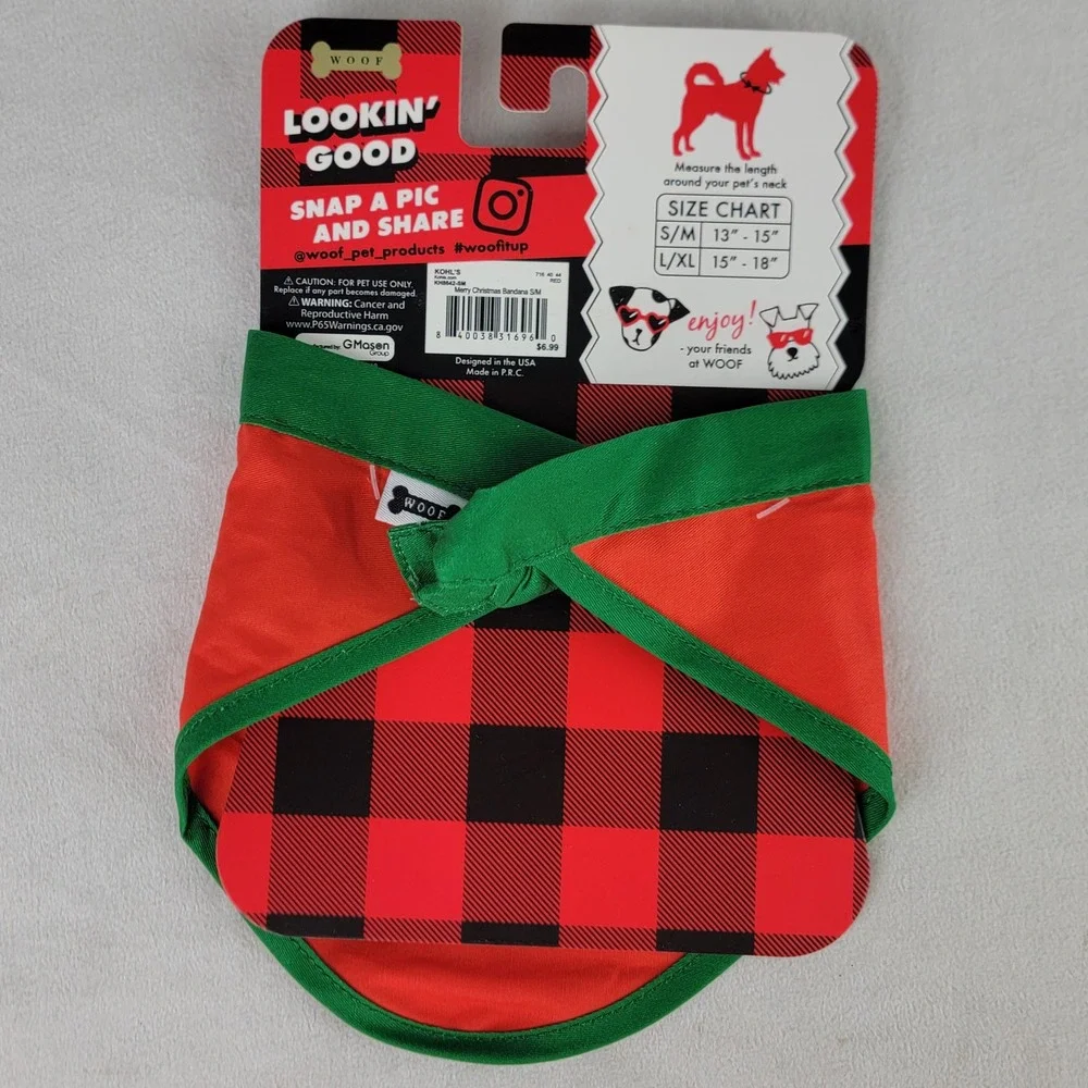 Woof Merry Christmas Pet Dog Cat Bandana Holiday Plaid Small Medium Red Green